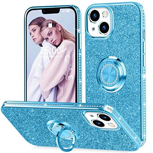 Thomo Compatible with iPhone 13 Case Glitter 6.1 inch,[Bling Kickstand][Back with Camera Protection] Crystal Rhinestone Phone Case Ring Holder Full-Body Protection Cute iPhone 13 Case for Women-Blue