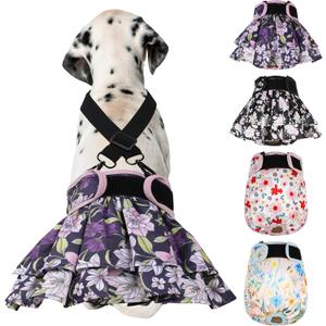 Washable Female Dog Diapers (4 Pack+1 Suspenders), Reusable Female Girl Doggy Doggie Puppy Wraps Panties Belly Band for Pet Heat Period Pooping Peeing Potty Training Incontinence Marking Flower Medium