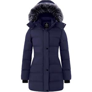 wantdo Women's Winter Coats Quilted Long Puffer Jacket Waterproof Hooded Coat (Large, Navy)