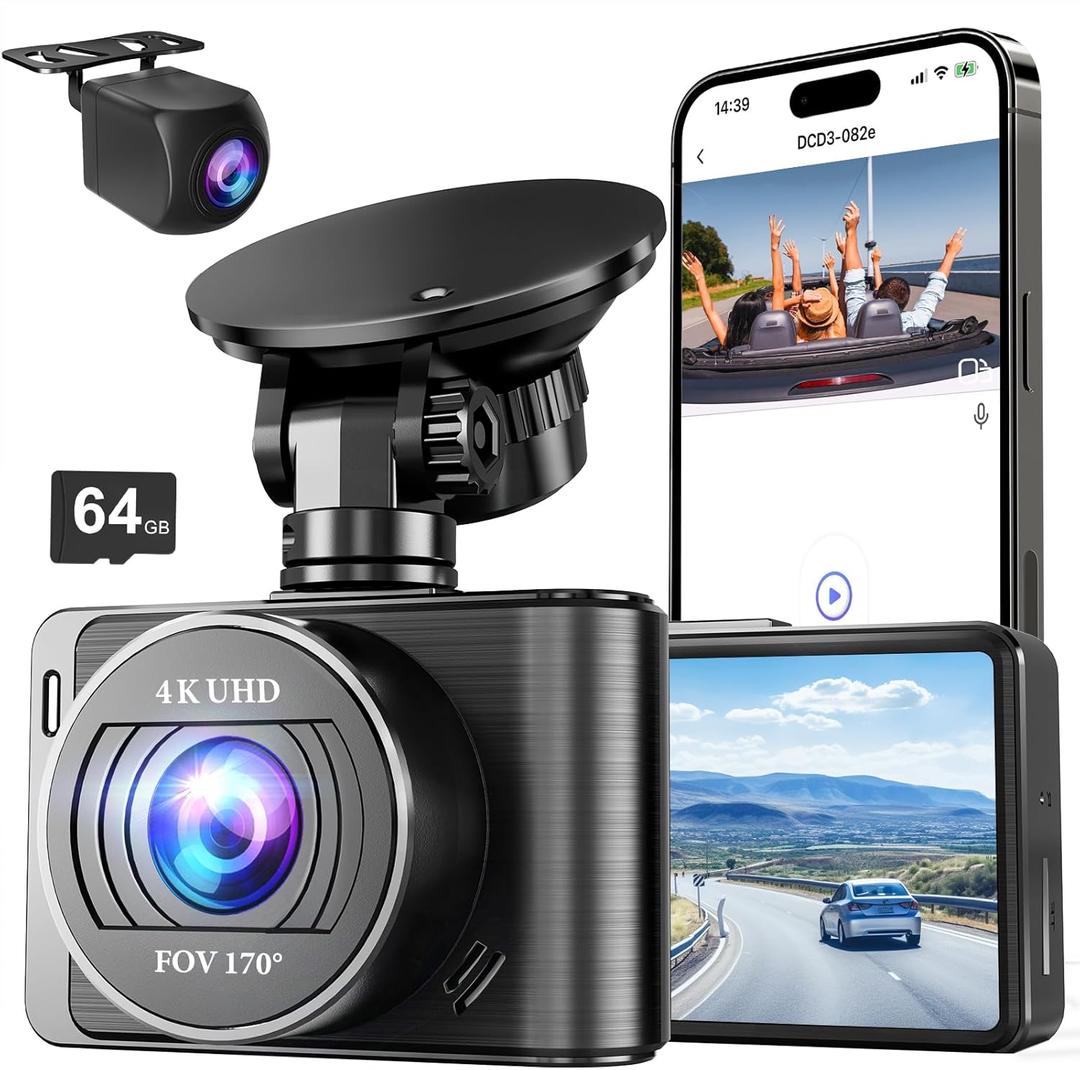 Dash Camera, 4K/1080p Dash Camera Front and Rear, Built-in 5GWiFi, Dash Cam with 64GB SD Card, Full HD 2.0 IPS Screen, for App Control, G-Sensor, Loop Recording, and Parking Mode