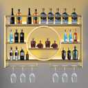 Metal Wine Rack Wall Mounted with LED Light, 3-Tier Bar Liquor Shelf with Wine Glass Holder, Modern Large Capacity Liquor Bottle Display Storage Shelf for Home Bar, Dining Room(Gold, 100*80*15)