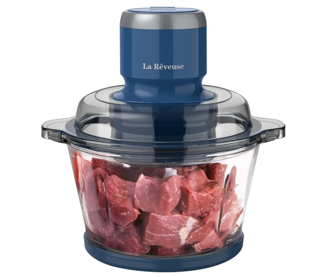 La Reveuse Food Processor,Electric Food Chopper with 7-Cup (1.7L) Glass Bowl, 4 Bi-Level Blades for Chopping,Grinding,Mincing,Whisking,Meal Prep,300W,Blue