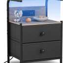 Nightstand with Charging Station and LED Lights, Side Table with 2 Fabric Drawers, Bedroom Nightstand, 3 Tier Storage Coffee Table, Living Room (1, Grey)