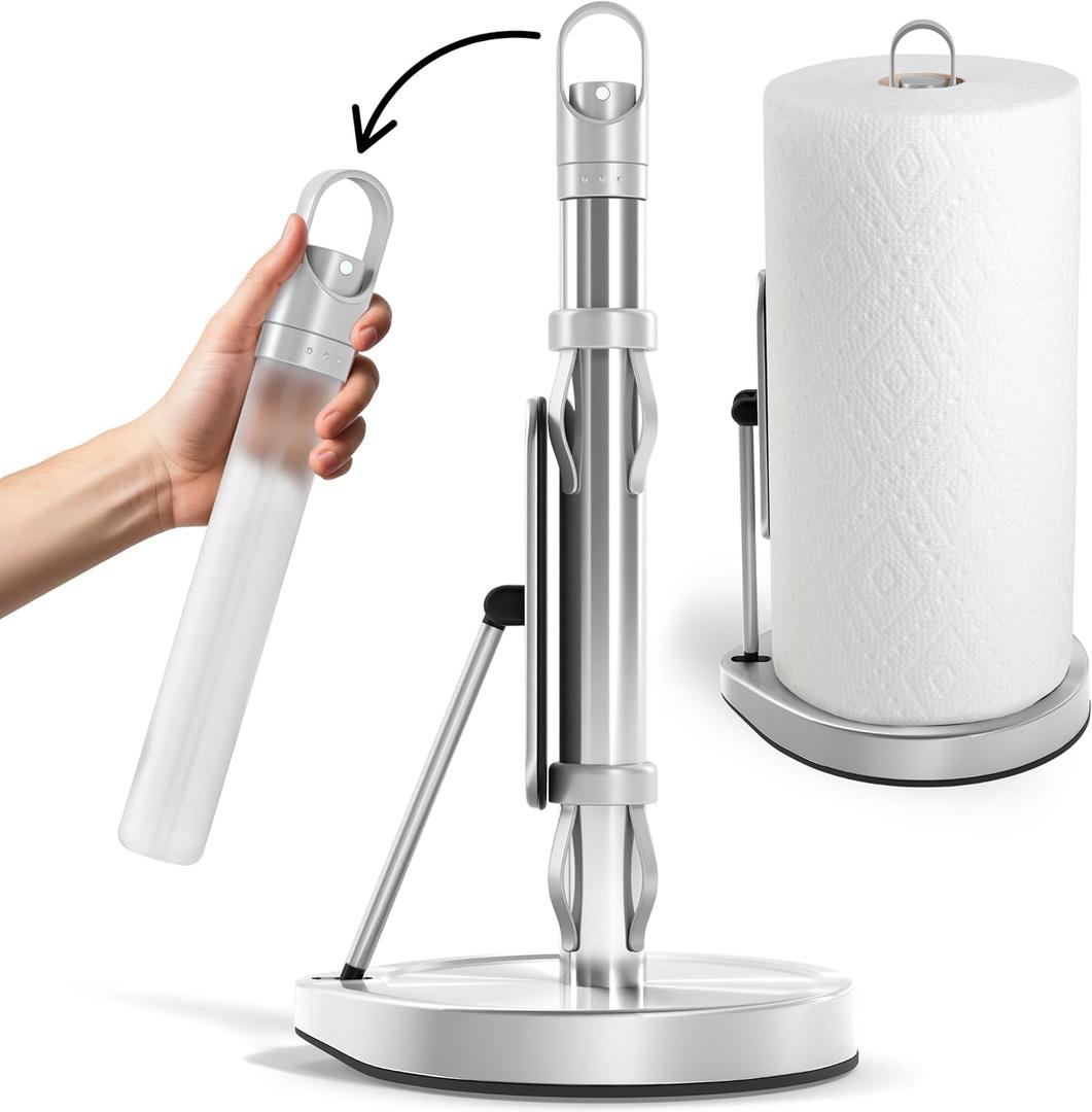 Stainless Steel Paper Towel Holder with Tension Arm and Spray Pump  One-Handed Tear, Smart Traction System, Heavy Duty Suction Cups, Weighted Base, Kitchen Towel Dispenser for Countertop Use (Silver)
