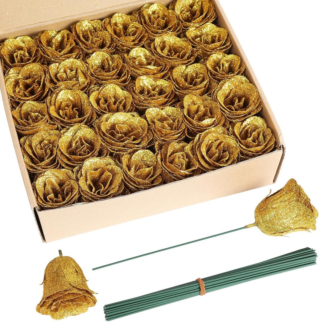 Gold Roses,30pcs Sparkle Roses Gold Flowers Artificial Roses with Stems for Crafts Wedding Bouquet Party Home Decor(Gold)