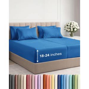 Extra Deep Split King Sheet Set - 7 Piece Breathable and Cooling Sheets - Hotel Luxury Bedding for Women, Men, Kids & Teens - Easy Secure Fit - Soft & Wrinkle Free - Extra Deep Pockets - Royal Blue