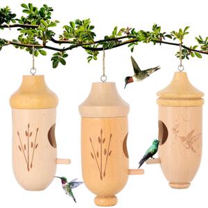 Hummingbird House - Natural Wooden Hummingbird Houses for Outside Hanging, Gardening Gifts for Women Christmas Tree Decoration 3 Packs