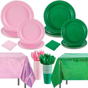 Hushee 170 Pcs Pink and Green Witch Party Decorations Witch Birthday Party Supplies Including Plates Tablecloth Cups Napkins Knives Forks Spoons for Birthday Favors, Serve 24 Guests(Solid)