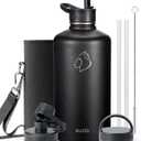 BUZIO Gallon Water Bottle Insulated with straw and 3 lids, 128 oz Water Jug Large Vacuum Stainless Steel Metal Flask, Leak Proof & BPA-Free, Cold for 48 Hrs, Black
