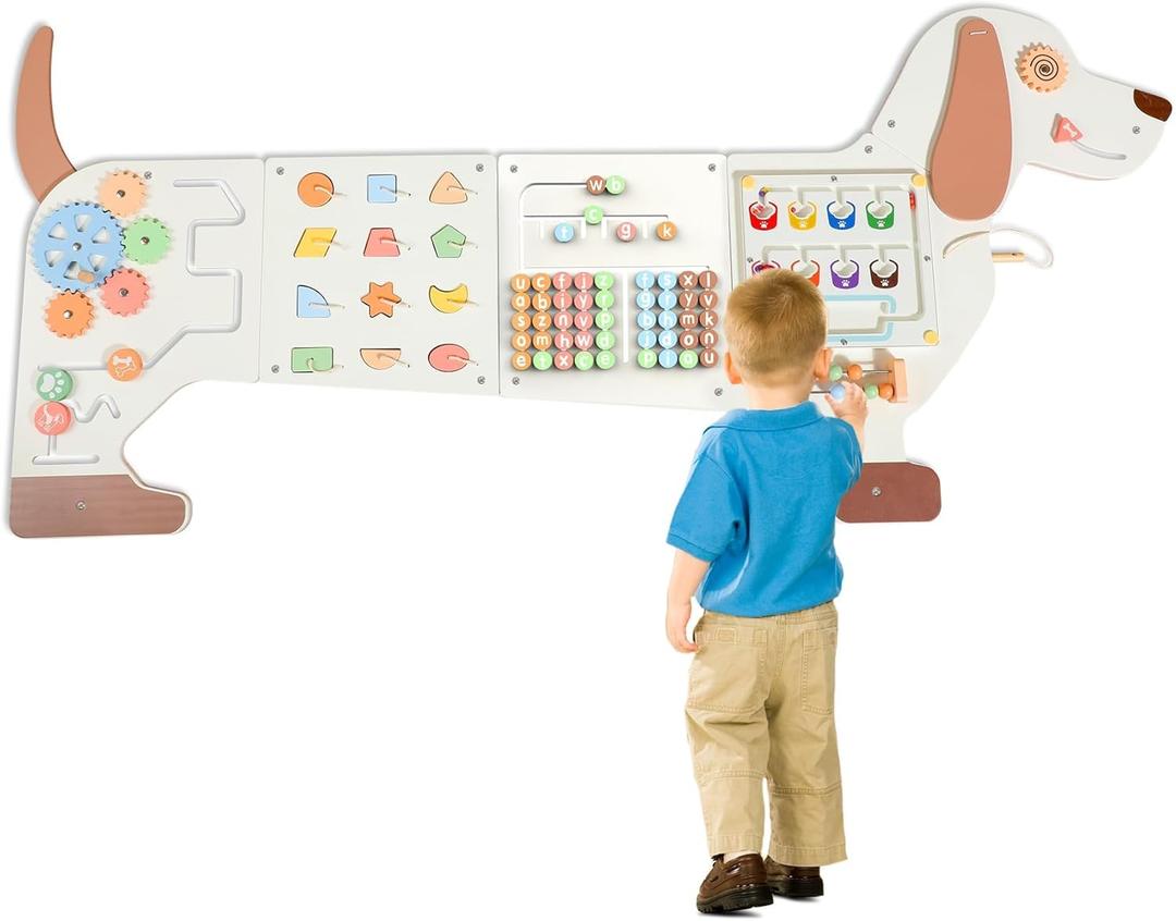 Dog Activity Wall Panel for Kids:Wooden 9-in-1 Montessori Busy Board for Fine Motor Skills & Sensory Play in Daycare Nursery Playroom for Toddlers  Easy Install 5 Panels Set