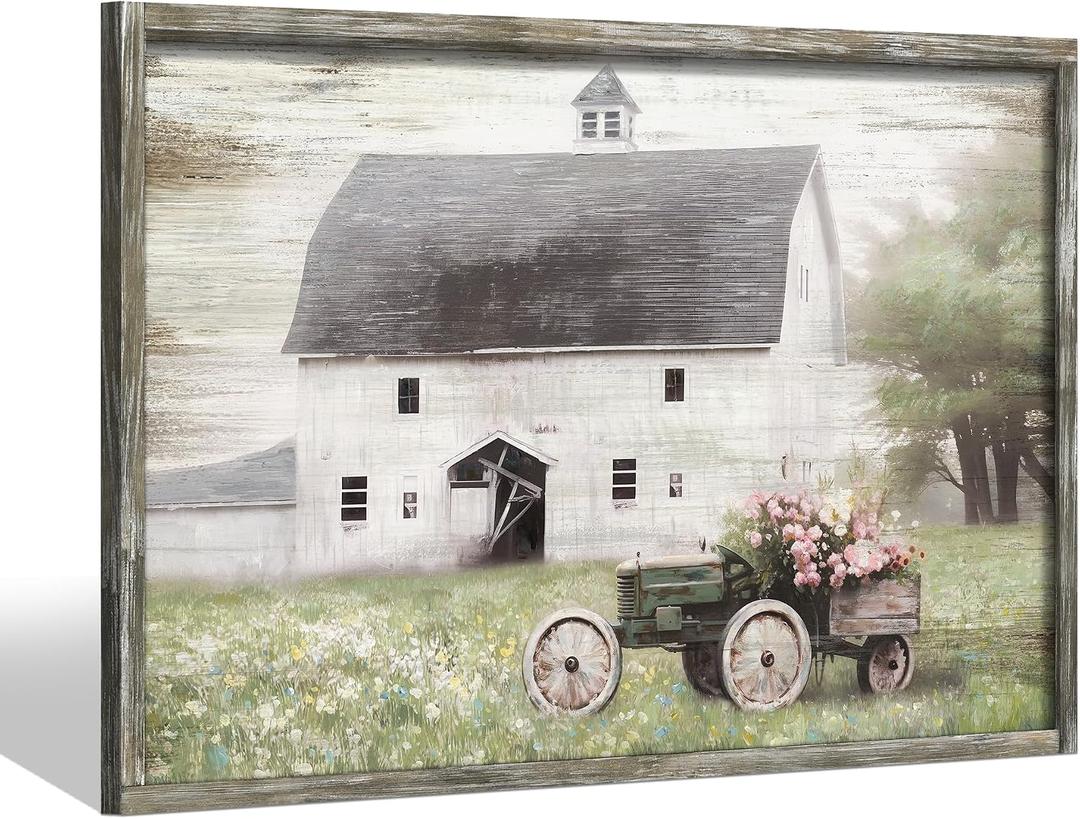 Farmhouse Tractor Wooden Wall Art: Framed White Barn Picture Rustic Countryside Farm Painting Print Vintage Country Flowers Scene Artwork for Office Bedroom Living Room Decor  36"L x 24"W