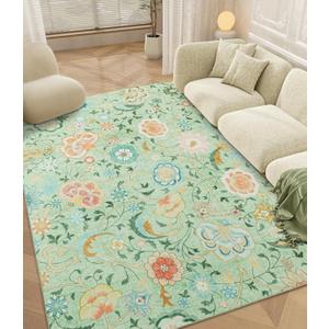 YIHOUSE Floral Living Room Rugs,Washable Rugs for Bedroom,5x7 Boho Light Green Area Rugs, Low Pile Vintage Rug for Kids Room Non Slip Flower Rug Dining Room Kitchen Office
