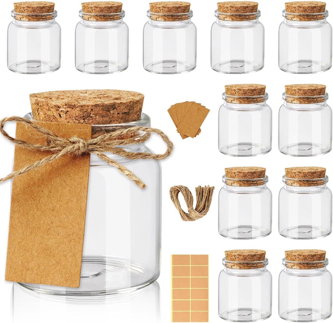 OurWarm 12 Pack Mini Jars with Lids, 1.7OZ Small Glass Bottles with Cork Tag Label and Twine, Versatile Small Glass Jars for Candy Potion Spice DIY Crafts Gift Birthday Wedding Party Decorations