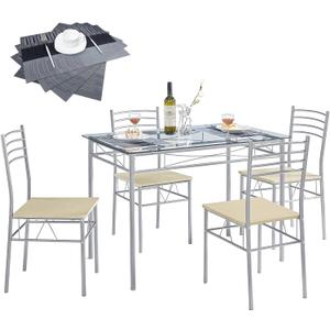 VECELO 5-Piece Kitchen Dining Table Set, Glasses Tabletop & Heavy-Duty Metel Frame, Rectangle Dinette with 4 Chairs for Small Space, Breakfast Nook, Glasses & Black