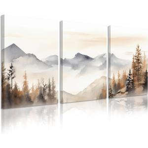 Neutral Mountain Wall Art Decor Set of 3 Forest Canvas Wall Art Poster Landscape Wall Art Artwork Modern Pictures Abstract Painting Watercolor Prints for Living Room Bedroom 12x16 Inch Wrapped Canvas