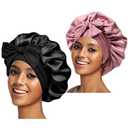2PCS Silk Bonnet for Women, Satin Bonnet for Sleeping, Large Sleep Cap with Elastic Tie Band for Curly Hair (Bean Paste Pink+Black)