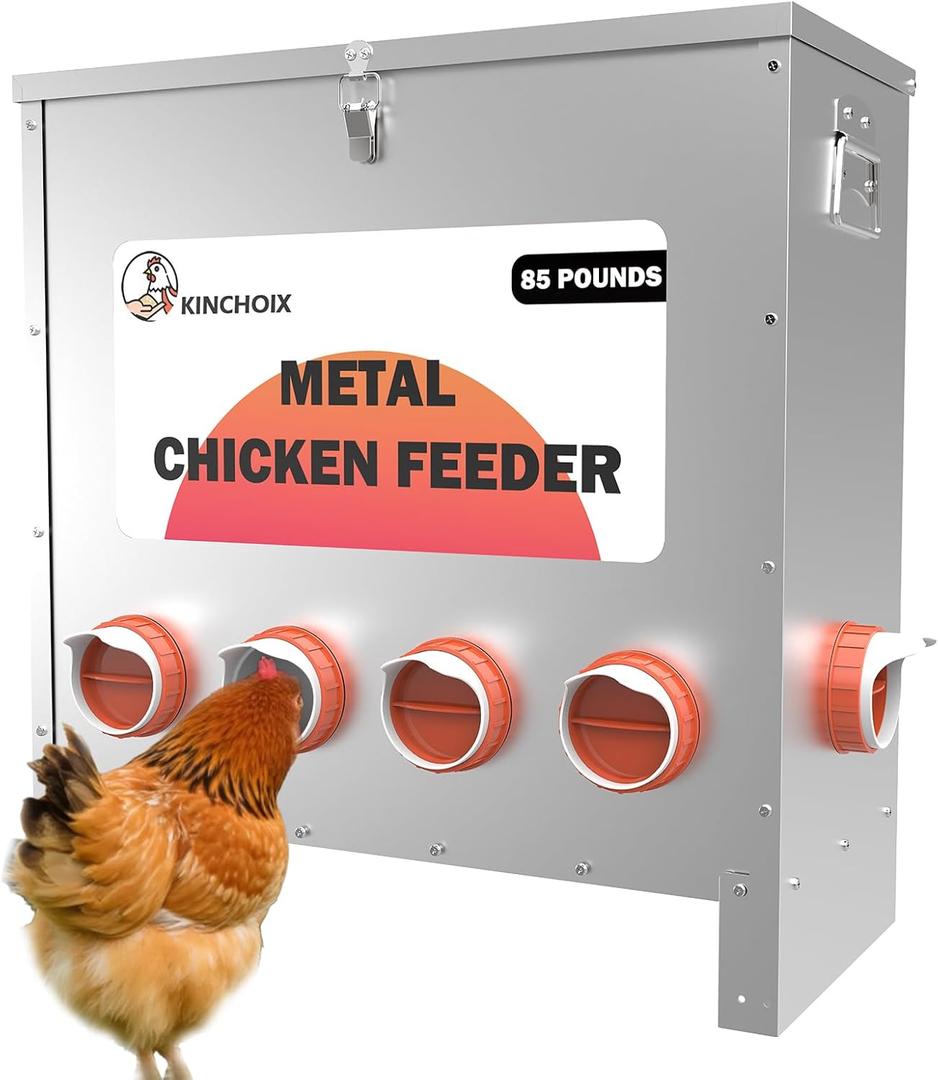 Metal Chicken Feeder Large Capacity 85lbs Automatic Metal Rat Proof Chicken Feeders No Waster Weatherproof Poultry Feeder for Chickens, Geese, Ducks, Turkeys, Quails (10-Port)