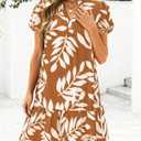 dowerme Womens Summer Dresses 2026 Puffy Sleeve V Neck Loose Floral Print A Line Boho Mini Babydoll Dress with Pockets (Brown, XXL)