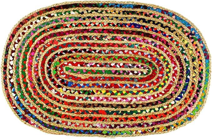 COTTON CRAFT Jute Chindi Braid Rag Rug - 5x8 Ft Oval Multi Color Area Rug
Handwoven Reversible Jute & Natural Recycled Cotton Boho Farmhouse Rustic Area Accent Rug - Living Room Carpet Home Décor