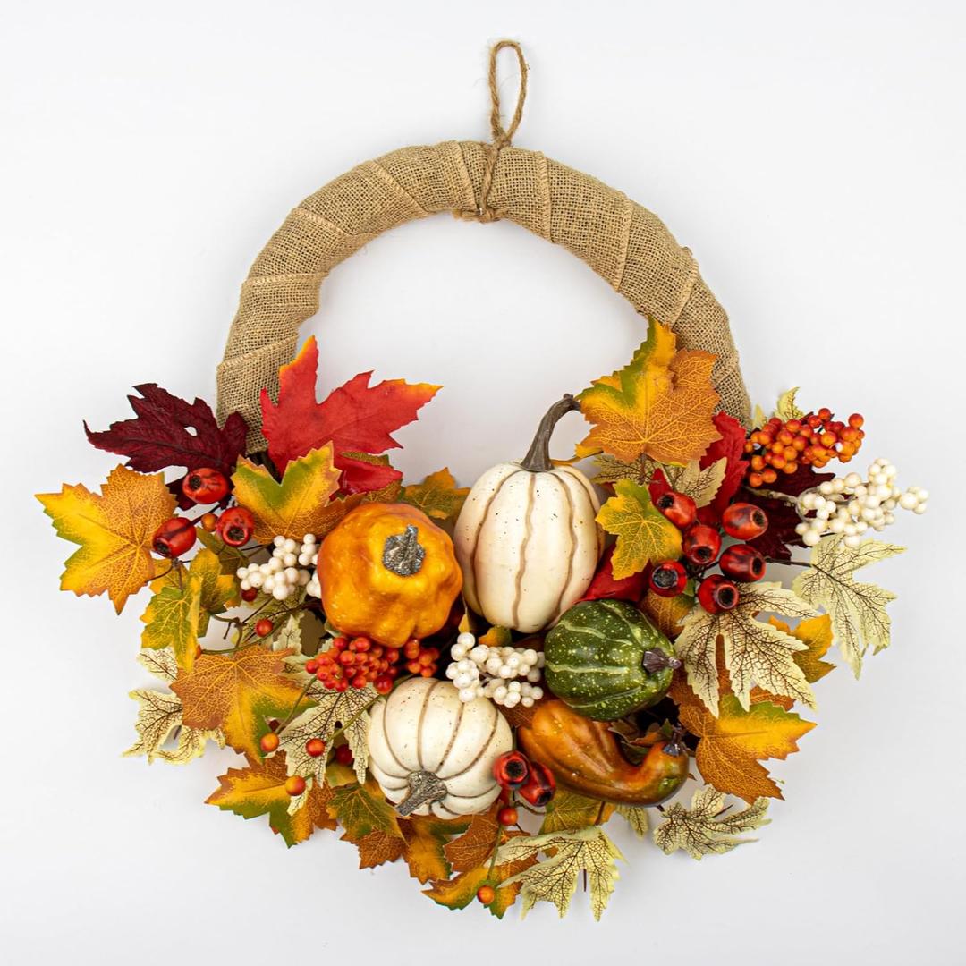 Fall Wreaths for Front Door 20 Inches Autumn Wreaths Rustic Harvest Wreath Farmhouse Pumpkin Wreath with Maple Leaves Berry for Thanksgiving Wall Window Indoor Outdoor Decorations