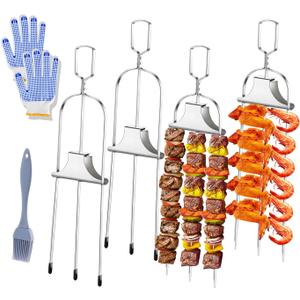 4PCS Kabob Skewers for Grilling, 14'' Stainless Steel Kebab Skewers, 3 Prong Metal Grill Skewer with Push Bar Slider, Skewer Sticks for Meat Veggies Fruits Marshmallows, BBQ Barbecue Accessories