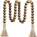 Meplait 39in Wood Bead Garland Farmhouse with Tassels,Versatile Prayer Beads Boho Chic Wall Hanging Home Decor (Gold)