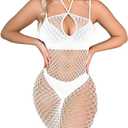 Women's Sexy Mesh Bodystocking Fishnet Lingerie See Through Dress Stretches Tight Halter Bodysuit Crotchless (White)