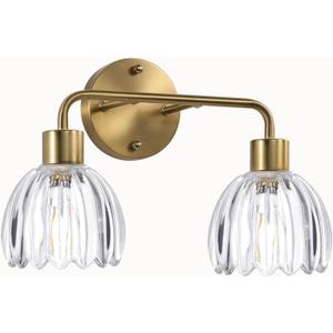 2-Light Gold Brass Bathroom Light Fixture with Clear Tulip Glass Shade,Wall Sconces,Vintage Vanlity Light Over Mirror,Bathroom Wall Light,E26 Socket(Bulbs Not Included)
