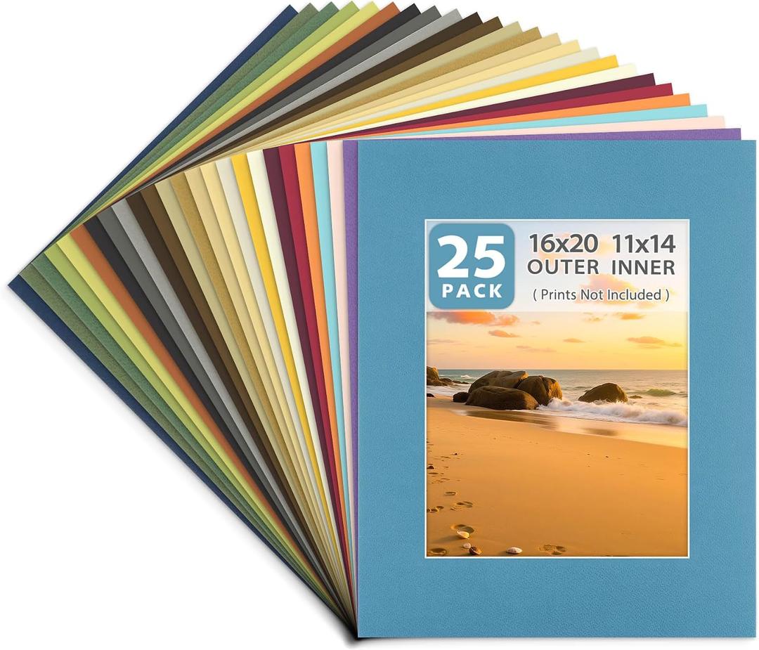 Golden State Art, 25 Pack 16x20 Mixed Colors Picture Mat for 11x14 Photos