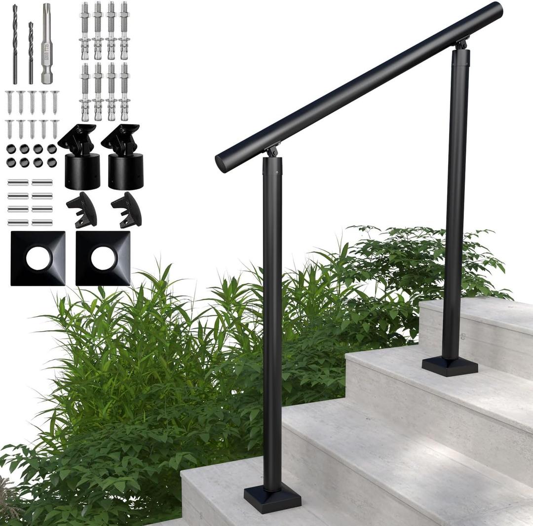 Heavy Duty Aluminum Round Handrail for Indoor or Outdoor Steps & Stairs  Maximum Load Capacity 800lbs, 0-3 Steps Stair Handrail Kit, Porch & Deck (Textured Black, 3ft)