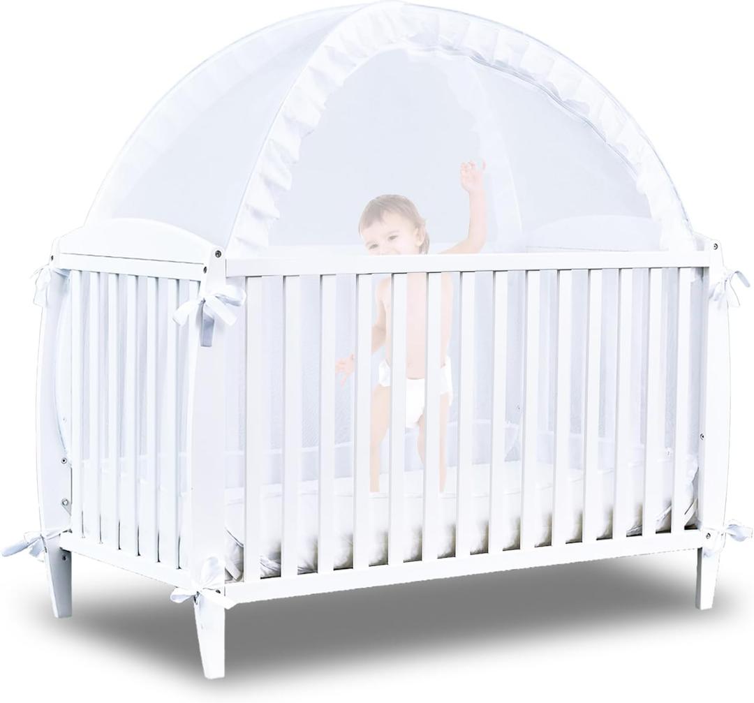 Baby Crib Tent Safety Net to Keep Baby in, Pop Up Crib Tent Canopy Keep Baby from Climbing Out, Mosquito Net for Baby Crib, Ultra Stable Frame, Durable Strong Self-Locking Zipper, White