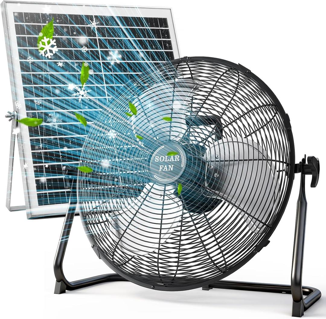 DBF 12" Solar Powered Fan - Rechargeable Outdoor Floor Fan - 4-24H Runtime Battery Operated, Solar Panel & AC Charging High Velocity Metal Industrial Fans Cordless for Home Camping Trip Power Outage