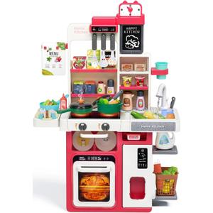 Red Kids Play Kitchen Set, Toddler Kitchen Playset with Sound & Light, Cooking Stove with Steam, Play Sink, Play Food Toy and Kitchen Accessories, Kitchen Toy for Kids Girls Boys - Red