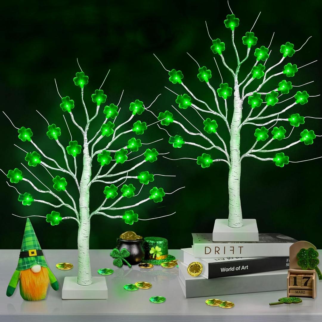 St Patricks Day Decorations 2 Pack 24 Inch Shamrock Tree Lights, USB or Battery Operated Saint Patricks Day Decor Tree with 24 LED Shamrock Lights, St. Patrick's Day Lights for Home Party Table Office