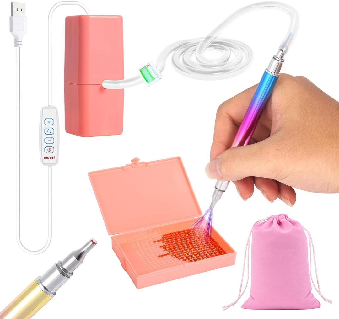 Electric Diamond Art Painting Pen with Storage Tray,Vacuum Diamond Art Pen No Wax Needed with Adjustable Suction,Accessories Tool for Setting AB Stones, Quiet and Long-Lasting (Pink)