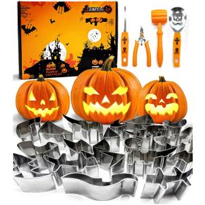 Halloween Pumpkin Carving Kit - Professional 24Pcs Stainless Steel Tools with 20 Molds & 4 Carving Tools - Safe Pumpkin Decorating Kit for Adults Kids DIY Party