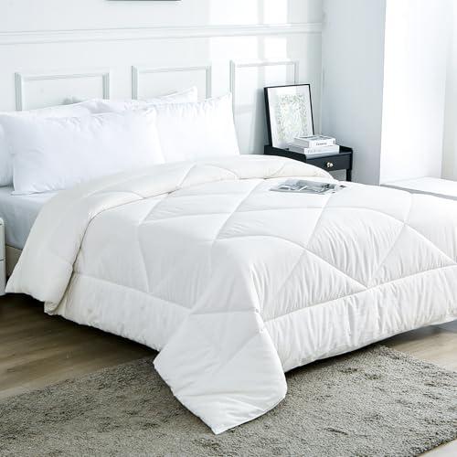 100% Cotton Filled Comforter, Premium Upgraded Cotton Bed Quilt Suitable for All Seasons, Comfortable Soft Noise-Free, Breathable and Fluffy, Queen, White