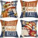 Fahrendom Thanksgiving Gnome Decorative Throw Pillow Covers 18 x 18 Set of 4, Grateful Thankful Blessed Porch Patio Outdoor Pillowcase, Faith Family Fall Autumn Plaid Farmhouse Cushion Case Home Decor