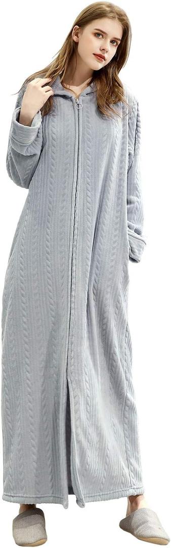 Artfasion Womens Zipper Hooded Robe: Long Zip Up Front Bathrobes Full Length Soft Bath Robes Cozy House Coat Sleepwear with Pockets for Wife Mom Female Friend Holiday Gifts (Light Gray Large-XLarge)