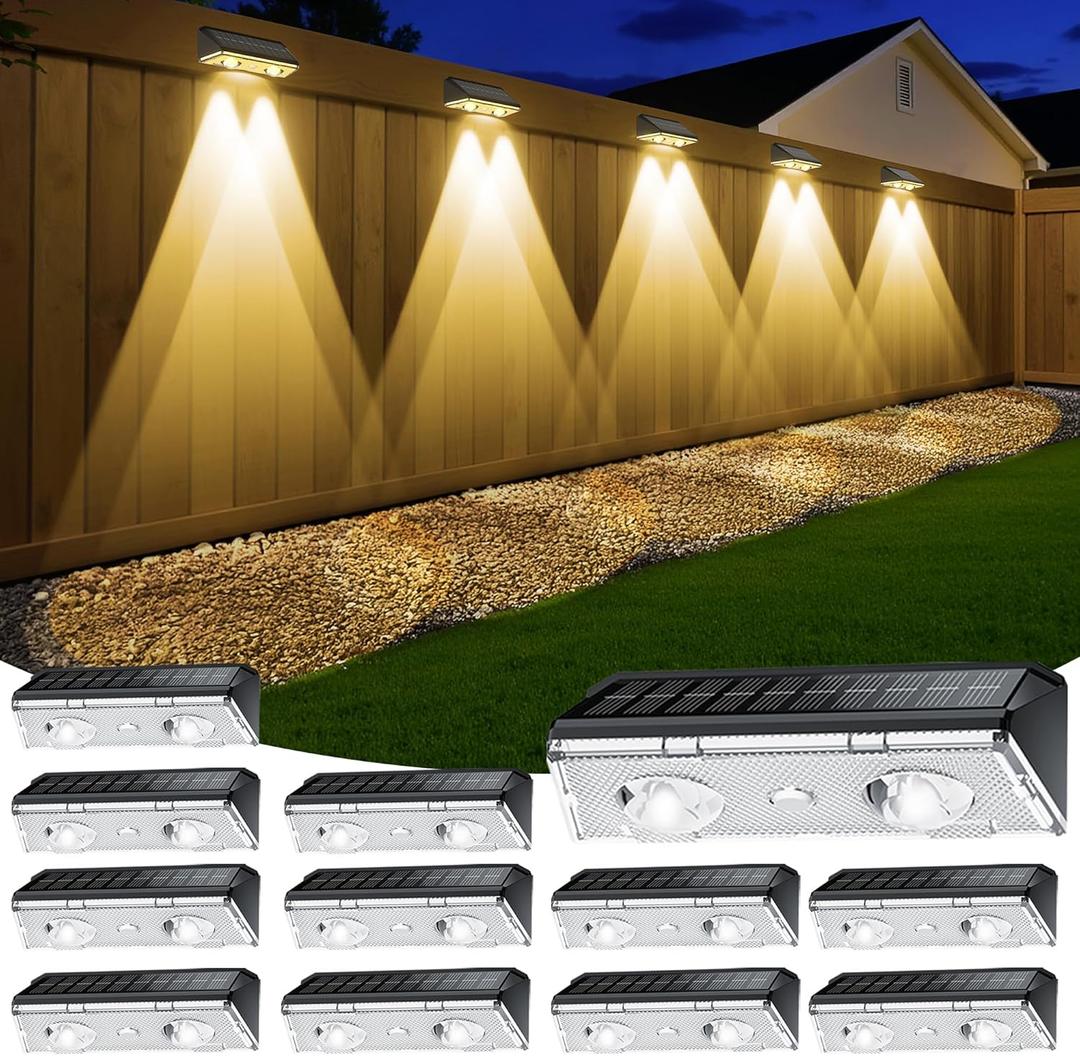 Solar Fence Lights Outdoor, 12 Pack IP65 Waterproof Fence Lights Solar Powered with Ultra-Bright LED Lens, 9 Color Modes, 12+ Hours Steady Glow for Deck/Backyard/Patio/Pool/Wall - Black