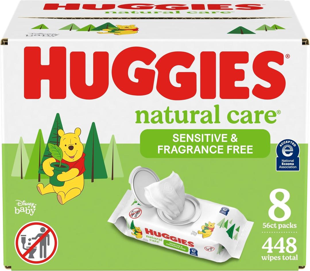 Huggies Natural Care Sensitive Baby Wipes, Unscented, Hypoallergenic, 99% Purified Water, 8 Flip-Top Packs (448 Wipes Total)
