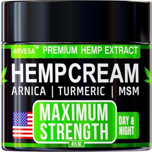 Hemp Cream Maximum Strength with Glucosamine, Arnica, Turmeric, MSM - Natural Hemp Oil Gel Rub - Fast Absorption, Non-Greasy - Advanced Formula - Formulated in USA - Menthol Scent - 4 FL OZ