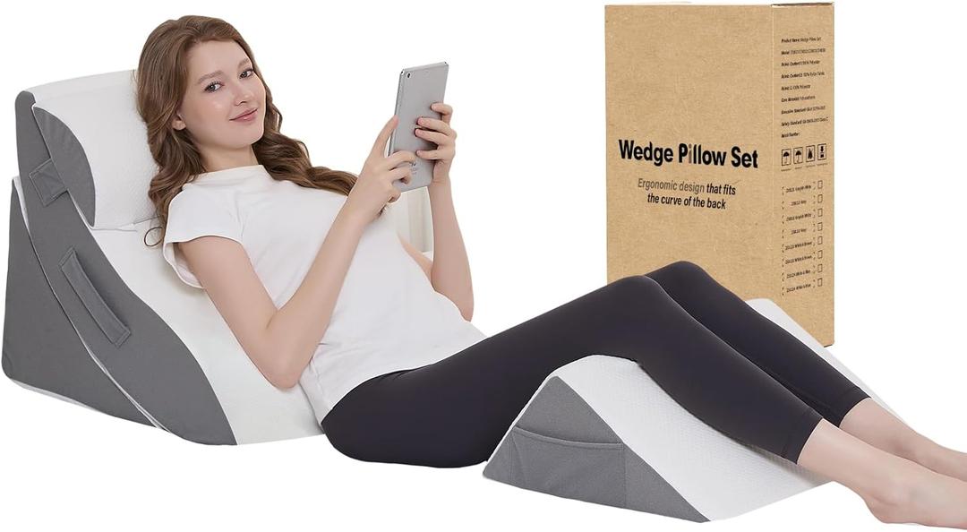 Wedge Pillow Set for After Surgery 4PCS Orthopedic Bed Wedge Pillows for Sleeping Adjustable Memory Foam Triangle Support for Back Pain Relief, Acid Reflux & Recovery (Grey)