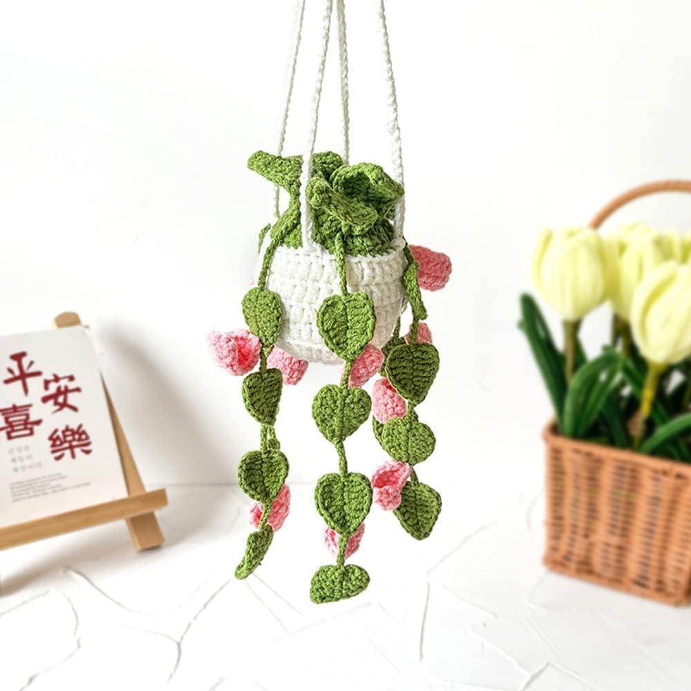 2 x Crochet Hanging Plant for Car, Cute Car Plant Accessories, Knitted Plant Car Mirror Hanger, Boho Car Plant Crochet Hanging Basket (C)
