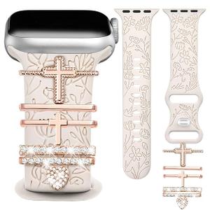 JR.DM Floral Engraved Band Compatible with Apple Watch 42mm 40mm 41mm 38mm Women, Soft Silicone Dressy Straps Decorative with Charms for iWatch Series 11 10 9 8 7 6 5 4 3 2 1 SE
