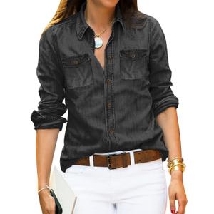 LookbookStore Women Fall Clothes for Women Button Down Shirts Casual Button Down Denim Shirt Top Pockets Blouse Blac, Size Large