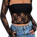 Girece Going Out Tops for Women Long Sleeve 2 Piece Square Neck Tank Top Lace Mesh Sheer Crop Tops Strapless Shirts (Black)