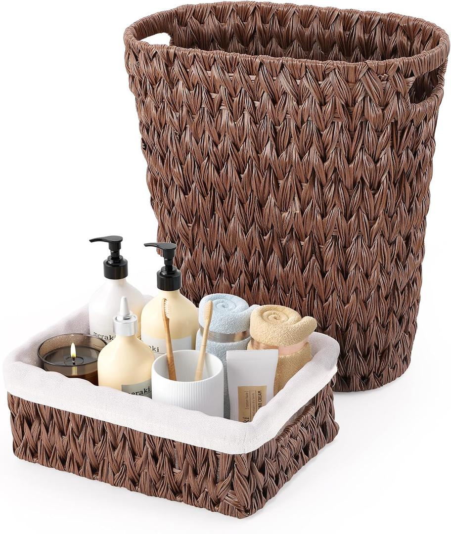 Bathroom Trash Can with Wicker Storage Baskets,12 Liter/3.2Gallon Small Trash Can Handwoven Waste Basket Narrow Small Garbage Can for Bedroom, Bathroom,Office
