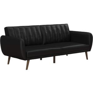 Novogratz Brittany 82 Inch Futon Sofa Bed in Faux Leather, Upholstered Couch Sleeper with Tufted Back, Mid-Century Modern Design, Black, Twin