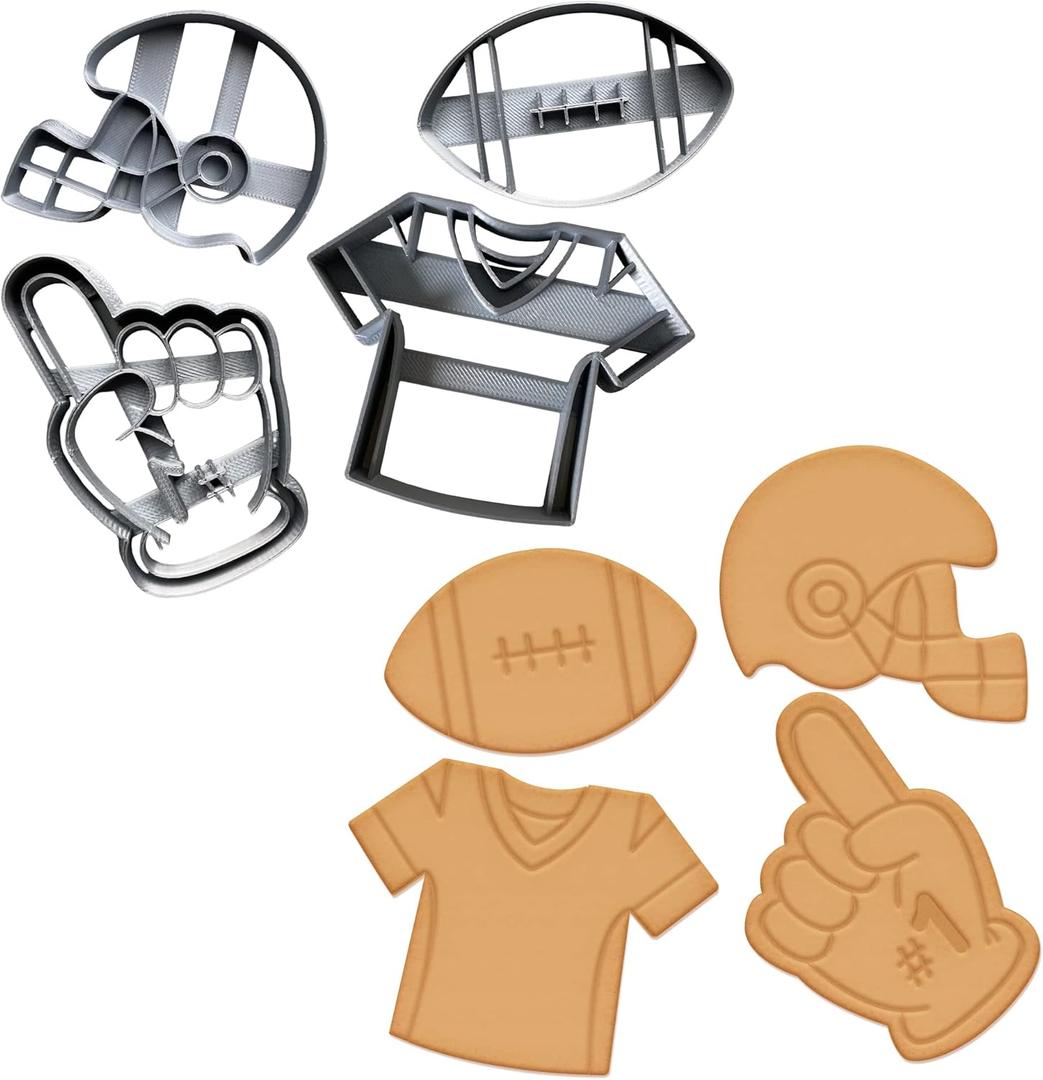 Football Cookie Cutter Set of 4 - Sports Cookie Cutters Shapes, Food Safe Plastic - Themed Football Cookie Cutters for Birthday Football Cookies - Football, Helmet, Jersey & Foam Finger